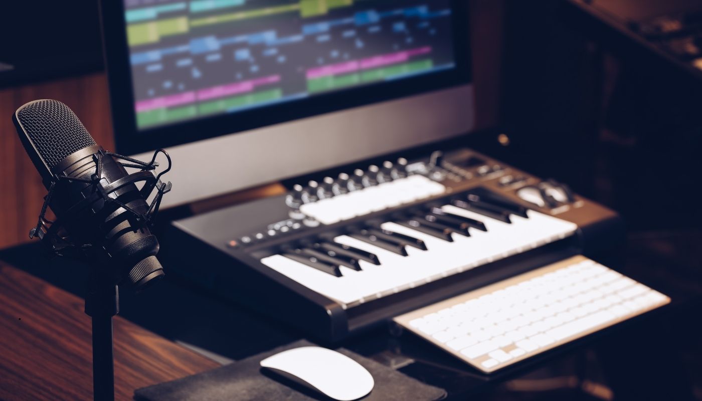 Music arrangement process with expert audio engineers crafting melodies, harmonies, and instrumentation for a polished track